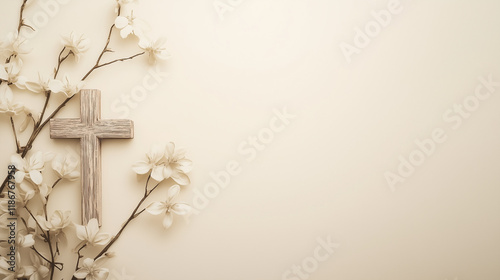 Sacred journey with a beige background featuring a spiritual cross adorned with flowers