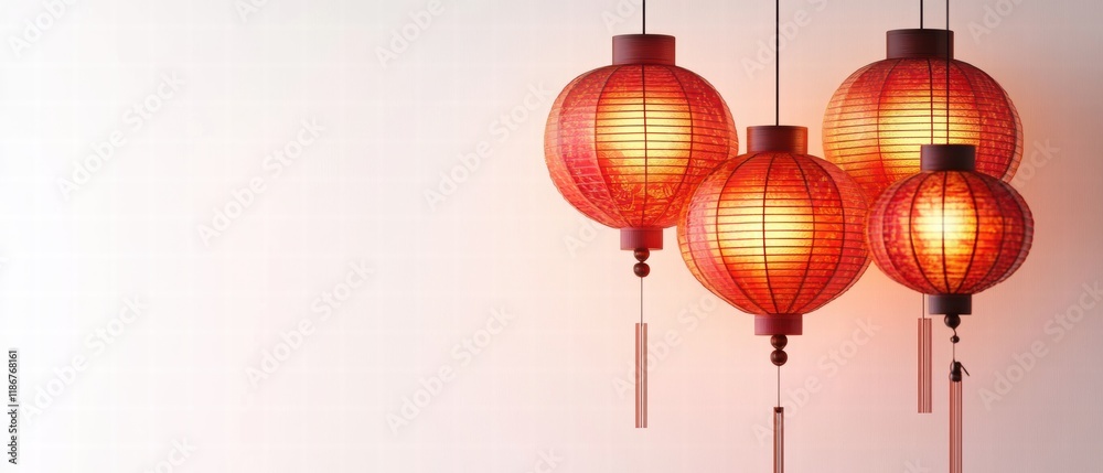 Serene Red Lanterns Minimalist Composition with Soft Light Effects on White Background for Text Overlay Serene Red Lanterns Minimalist Composition with Soft Light Effects on White Background for Text Overlay