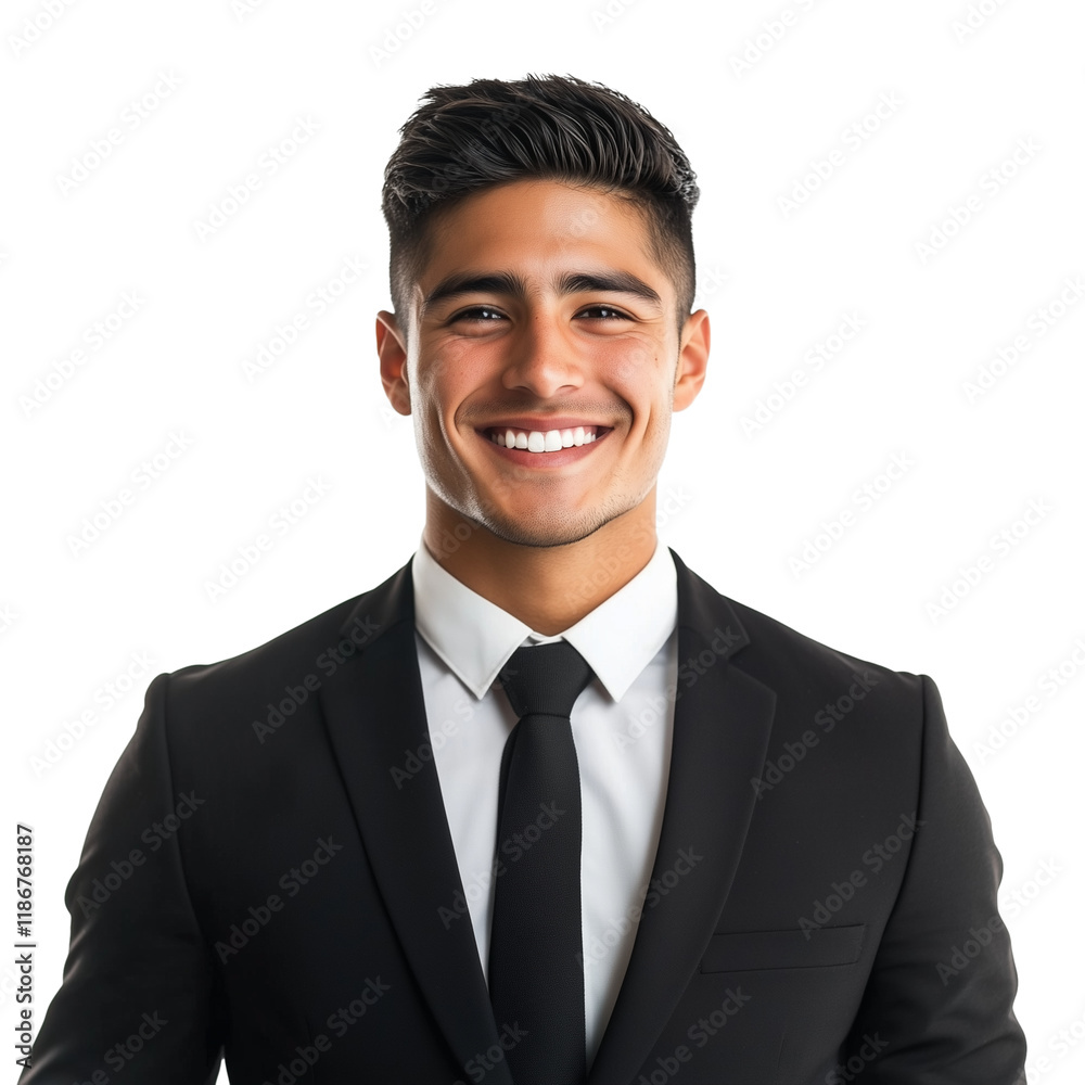 Confident Hispanic young man in suit smiling isolated on transparent background Confident Hispanic young man in suit smiling isolated on transparent background