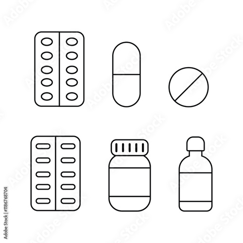 Meds and Treatment Icon Pack. Contains Icons of Pills that Can Be Used for Design of Cards, Posts, Apps, Web Sites