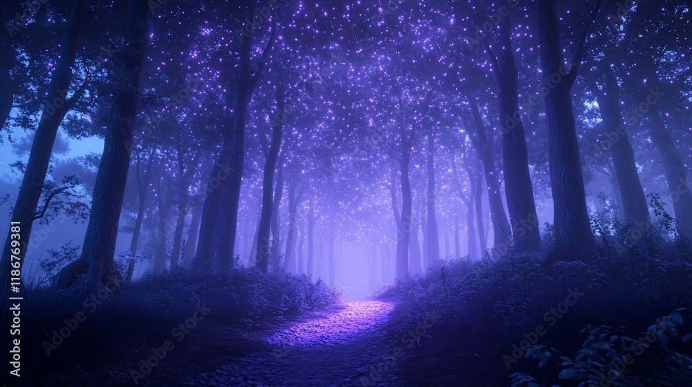 Fototapeta premium Magical purple forest path at night.