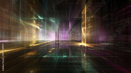 Abstract futuristic city corridor with glowing lines and reflections.
