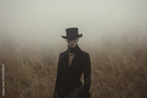 Evoke a sense of mystery and timeless elegance with this atmospheric image of a figure in a top hat and coat, set against a foggy field. Perfect for themes of history and intrigue. photo