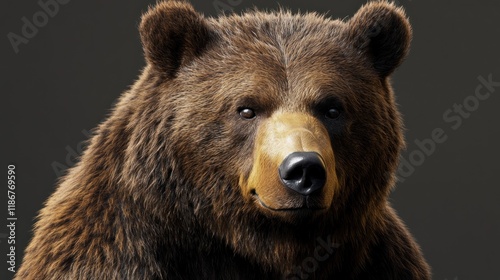 Close-up portrait of a majestic brown bear, showcasing its fur texture and intense gaze against a neutral background.