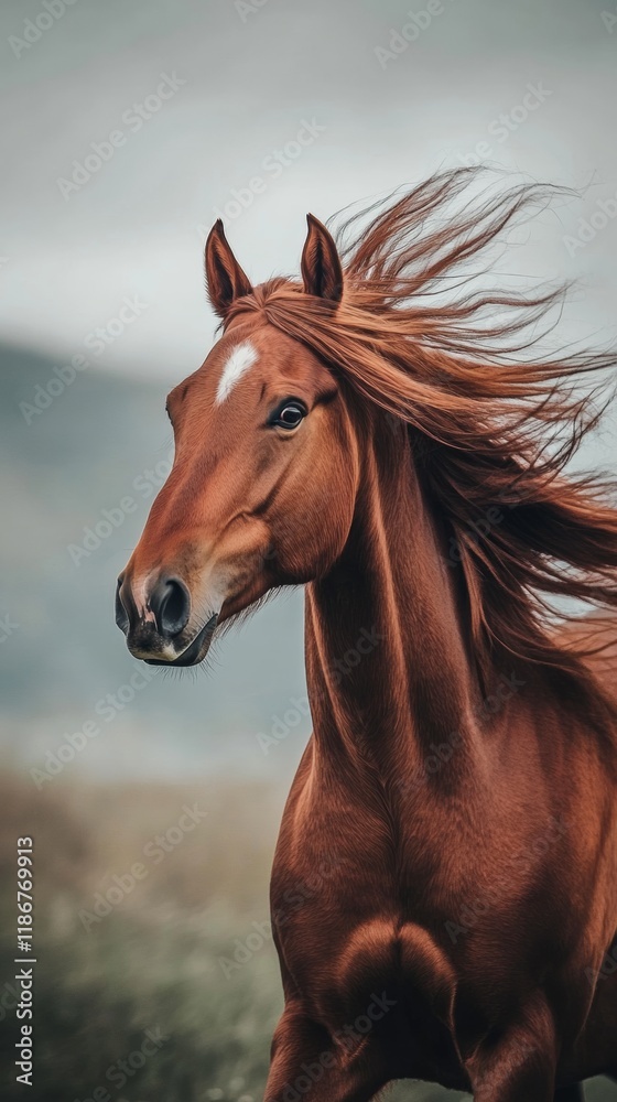 Obraz premium Chestnut horse running free in nature with long mane blowing in the wind, creating a sense of freedom and power