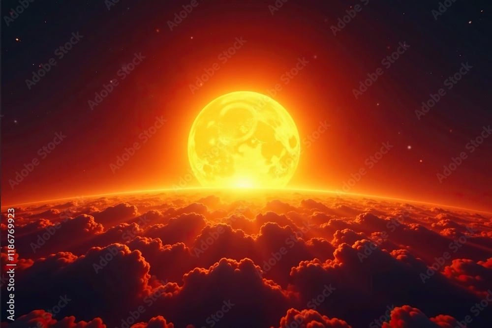 A blazing sun flare illuminates the horizon with fiery brilliance, warm, flame, bright A blazing sun flare illuminates the horizon with fiery brilliance, warm, flame, bright