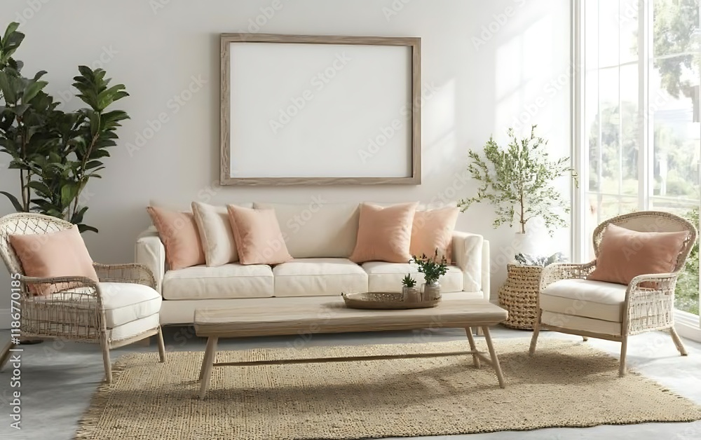 Fototapeta premium Coastal living room mock-up, sunlit interior, relaxing space, frame for design