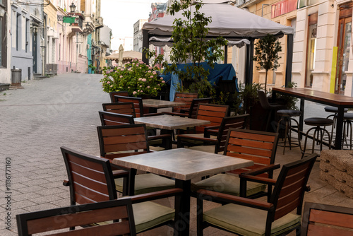 cozy outdoor cafe in Novi Sad  Serbia  on a sunny morning