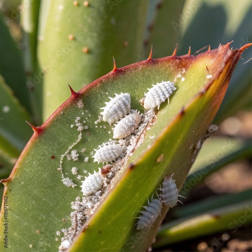 Macro shot of mealybugs on succulent leaves, showing white cottony pests and leaf discoloration.