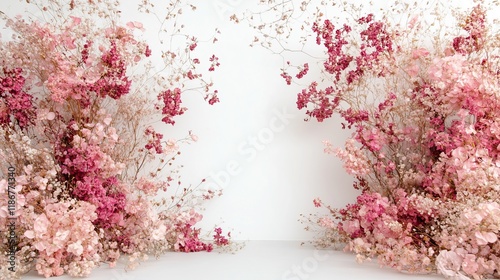 Fototapeta Naklejka Na Ścianę i Meble -  White wall with dried flowers, place for photo shooting.
 Photo backdrops wedding flower