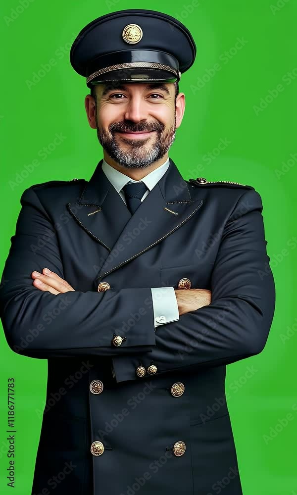 Smiling captain, arms crossed, green screen, portrait