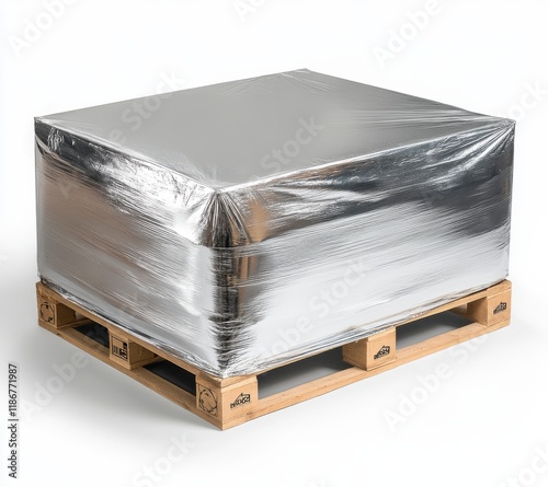 Silver Pallet Insulation: A large pallet is tightly wrapped in a shimmering silver insulating material, offering a clean and efficient image representing storage, transport, and temperature control. photo