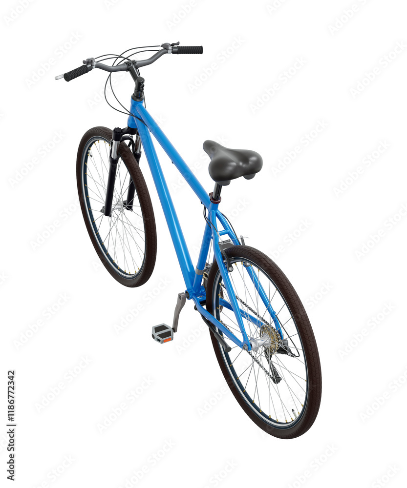 Obraz premium Blue bicycle, side top view. Black leather saddle and handles. Isolated on white background, 3D illustration