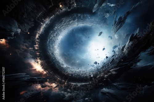 Fractured Universe: Cinematic Sci-Fi Image Featuring Gigantic Megastructure at a Collapsing Black Hole's Event Horizon, Opening a Wormhole Portal to Another Galaxy photo