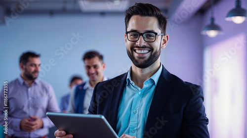 A smiling man in glasses and a suit holds a tablet while three colleagues walk behind him