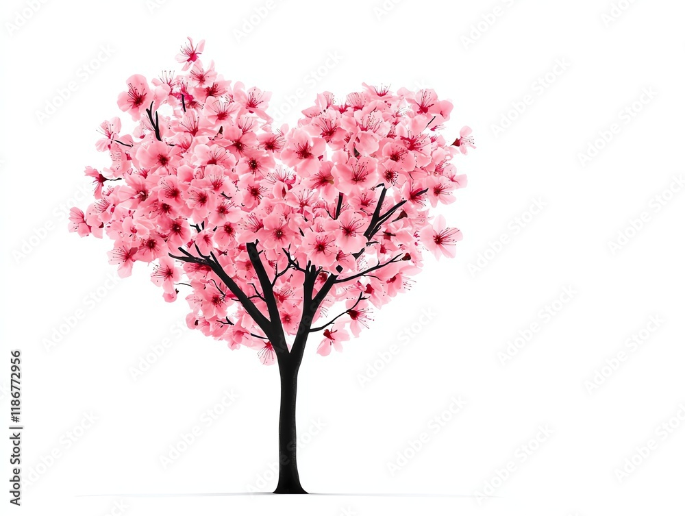 Fototapeta premium A heartshaped tree with blooming flowers, romantic nature scene, surreal illustration, pastel hues, isolated on white background