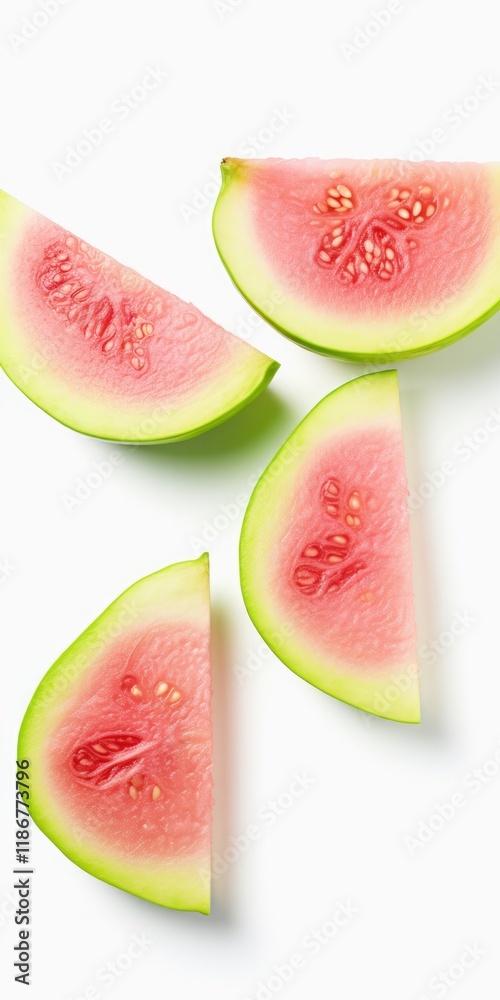 Fresh Guava Slices Isolated on White Background. Four Wedges of Tropical Green and Pink Fleshed Fruits with Clipping Path. Perfect for Recipes and Food-related Designs Fresh Guava Slices Isolated on White Background. Four Wedges of Tropical Green and Pink Fleshed Fruits with Clipping Path. Perfect for Recipes and Food-related Designs