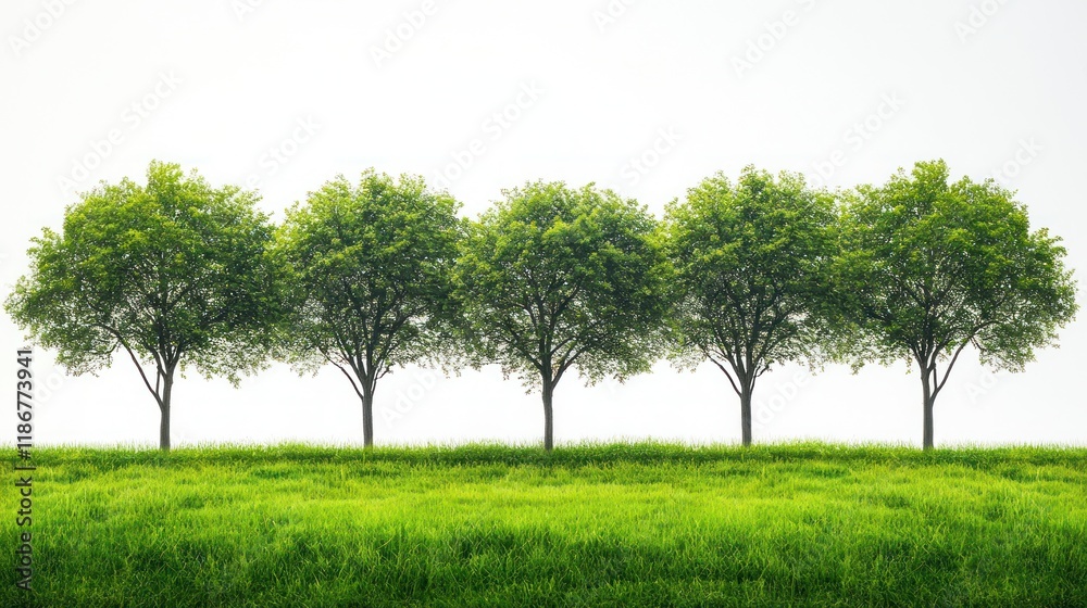 Obraz premium Five trees in a grassy field against a white background.