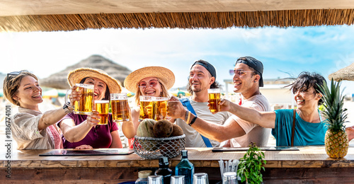 Photography Multi generation friends cheering beer glasses together outside at the beach chi