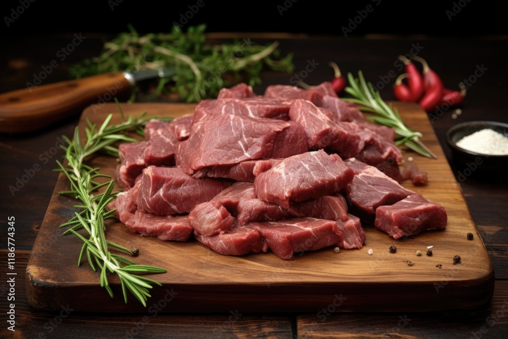 Fresh Raw Kangaroo Meat Slices on Chopping Board. High Protein Game Meat with Herbs and Fresh Cuts for Delicious Food Options Fresh Raw Kangaroo Meat Slices on Chopping Board. High Protein Game Meat with Herbs and Fresh Cuts for Delicious Food Options