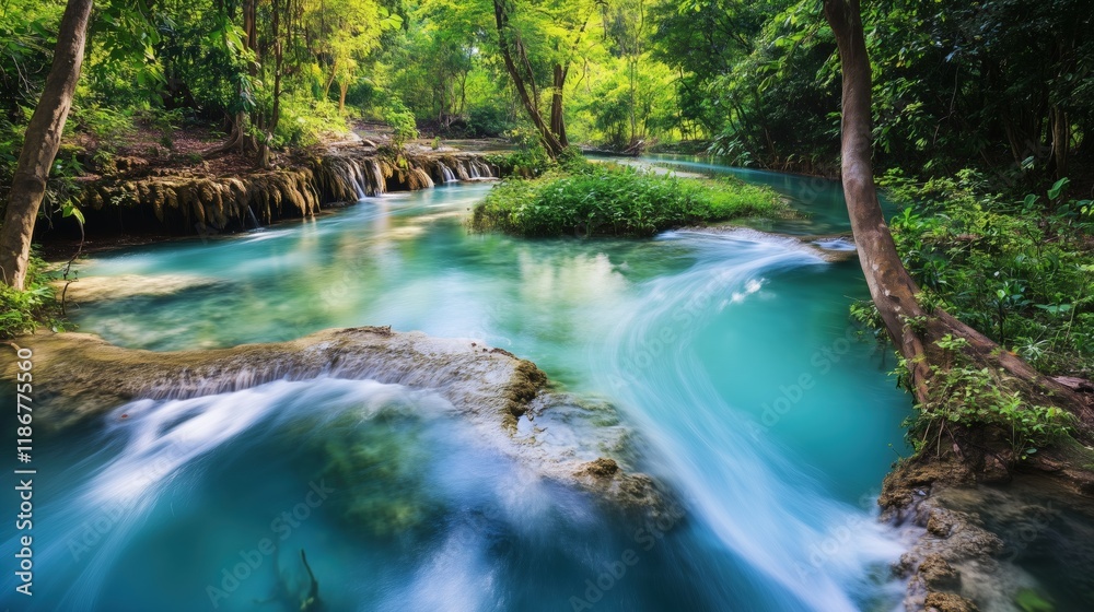 Fototapeta premium A Stream of Water Flowing Through a Lush Green Forest - Generative AI