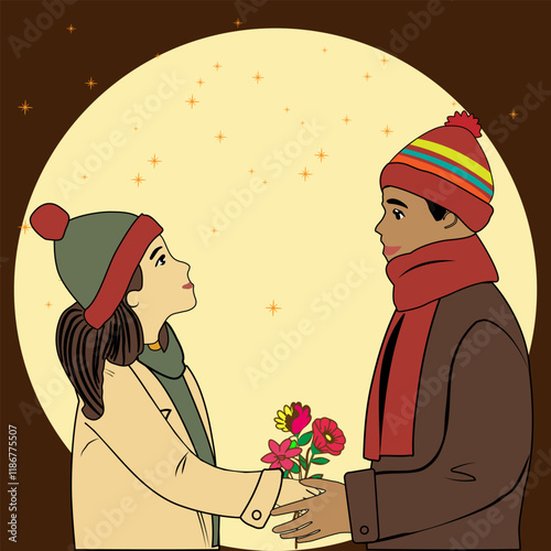 Illustration for Valentine s Day, New Year holidays, Valentine s Day. Young guy and girl kissing