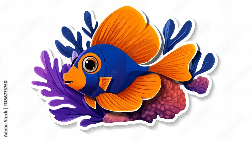 Obraz premium Vibrant blue and orange fish swimming amidst purple and red coral. A whimsical underwater scene.