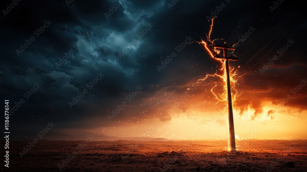 Obraz premium Sparking electricity pole stormy landscape image capture natural disasters hurricane impacts