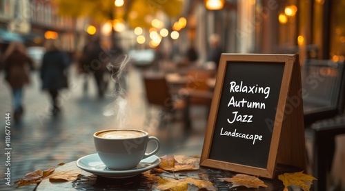 Autumn Jazz Cafe: A steaming cup of coffee sits invitingly on an outdoor cafe table, framed by fallen leaves and a quaint chalkboard sign advertising 