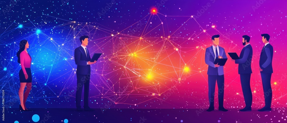 Flat design depiction of HR manager coordinating with team in a modern digital environment Flat design depiction of HR manager coordinating with team in a modern digital environment