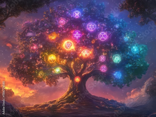 Sacred Sephirot tree, celestial glow, vibrant energy, cosmic spheres photo