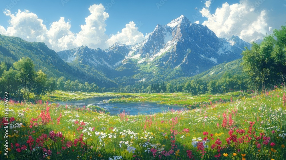 Sunny alpine meadow with wildflowers, lake, and snow-capped mountains. Sunny alpine meadow with wildflowers, lake, and snow-capped mountains.