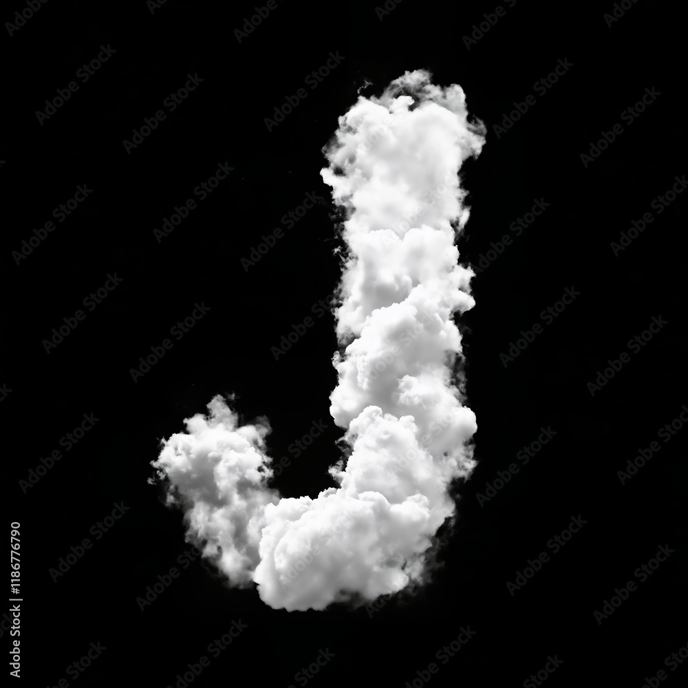 The letter J made of puffy white clouds against a black background, has a soft, airy look, resembling real clouds. The bold contrast creates a whimsical, sky-inspired typography design. The letter J made of puffy white clouds against a black background, has a soft, airy look, resembling real clouds. The bold contrast creates a whimsical, sky-inspired typography design.