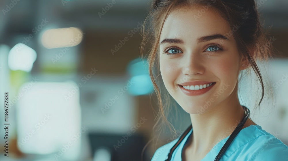 Fototapeta premium Portrait of proud female nurse with stethoscope around neck at medical clinic. Happy smiling young woman doctor at hospital lobby with copy space. Medical staff feeling confident, looking at camera.
