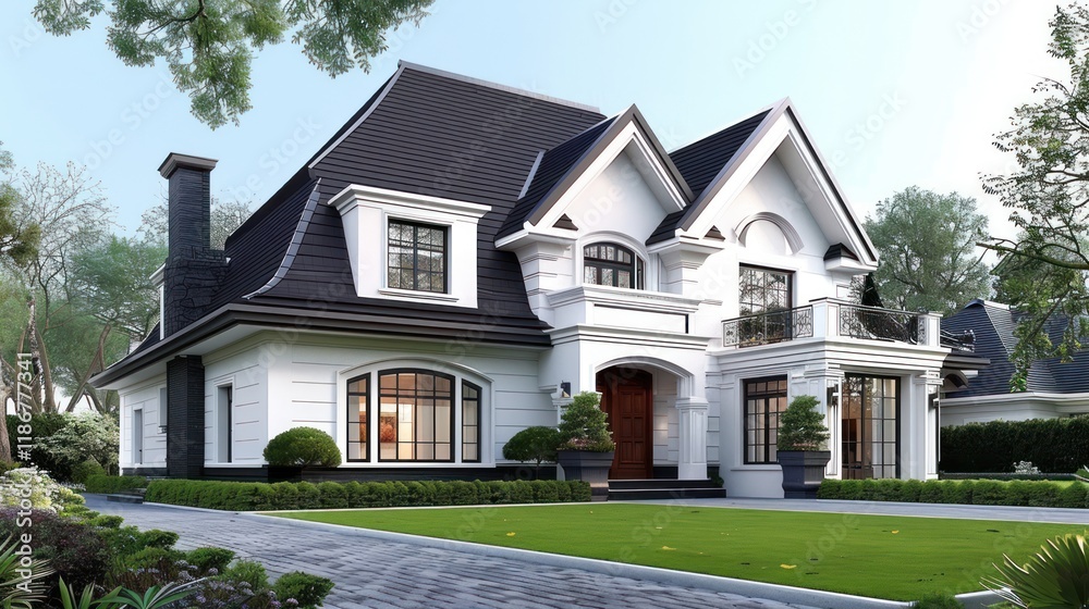 Beautiful White Family Home with Black Pitched Roof and Green Front Yard Beautiful White Family Home with Black Pitched Roof and Green Front Yard