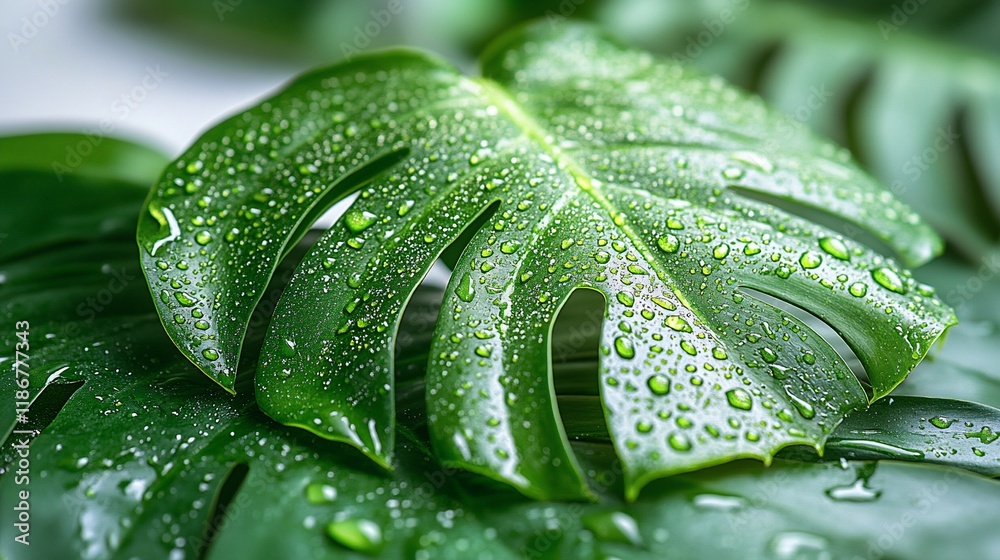 Obraz premium Dew Drops on Lush Green Monstera Leaves