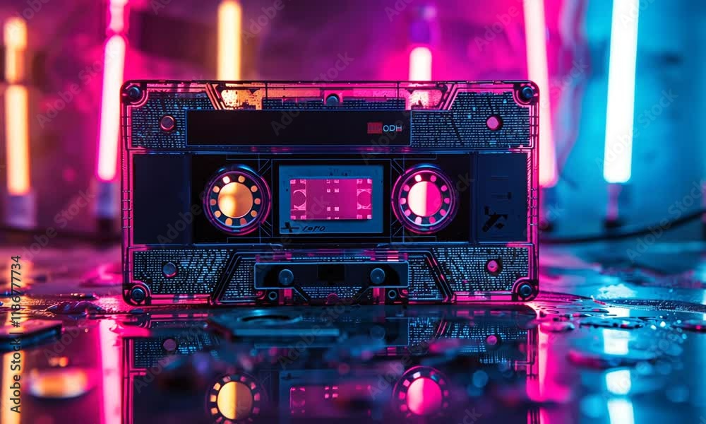 Retro cassette tape with neon pink and blue cyberpunk aesthetics