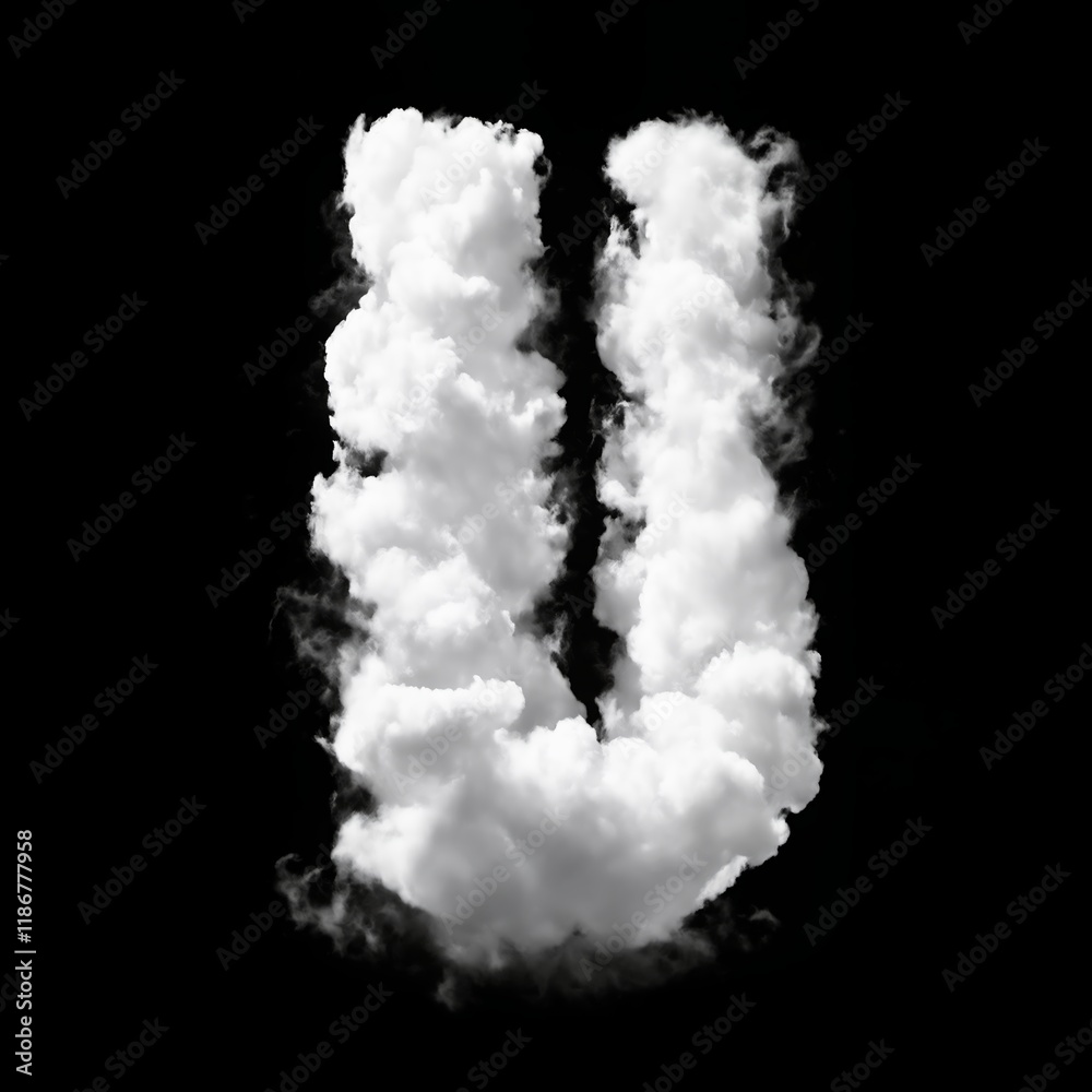 The letter U made of puffy white clouds against a black background, has a soft, airy look, resembling real clouds. The bold contrast creates a whimsical, sky-inspired typography design. The letter U made of puffy white clouds against a black background, has a soft, airy look, resembling real clouds. The bold contrast creates a whimsical, sky-inspired typography design.