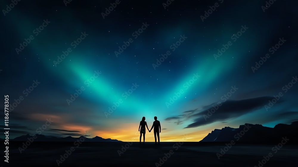 Fototapeta premium Couple holding hands, surrounded by a heartshaped aurora, 3D illustration