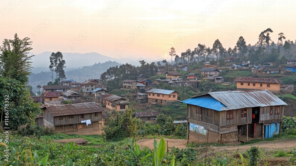 Awakening Dawn Mountain Village Sunrise Scenic Landscape Nature Tranquil Environment Serene Viewpoint Awakening Dawn Mountain Village Sunrise Scenic Landscape Nature Tranquil Environment Serene Viewpoint
