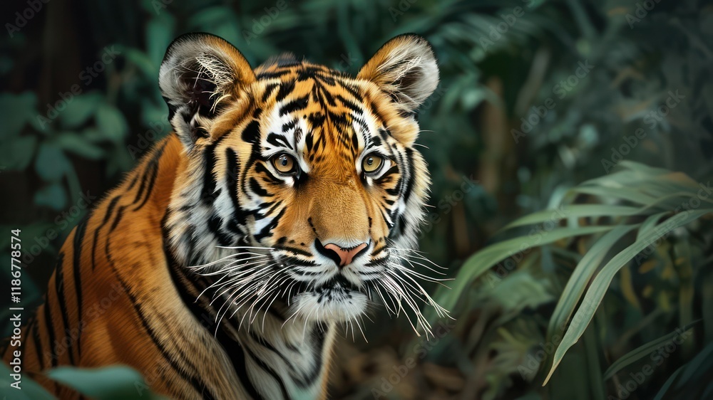Striking portrait of a tiger surrounded by lush greenery, showcasing natural beauty and wildlife conservation importance Striking portrait of a tiger surrounded by lush greenery, showcasing natural beauty and wildlife conservation importance