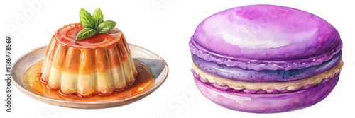 Colorful dessert illustration, creamy flan, vibrant macaron, watercolor style, sweet treats, gourmet food art.