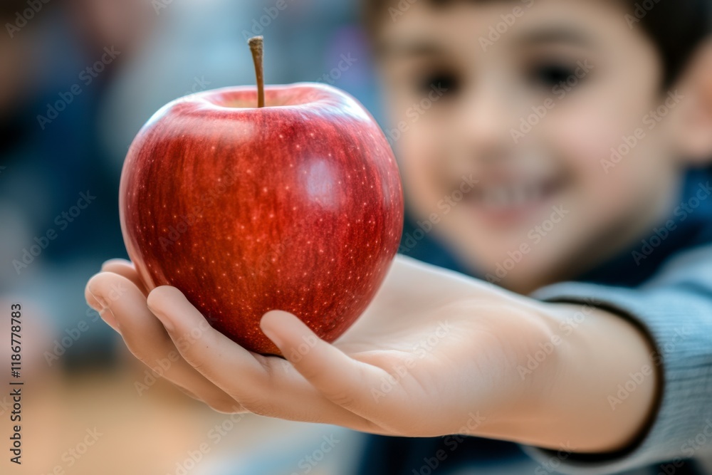 A Child's Offering: A bright red apple held out by a young boy's hand, his cheerful smile in the blurred background, signifying health, knowledge, and youthful innocence. A Child's Offering: A bright red apple held out by a young boy's hand, his cheerful smile in the blurred background, signifying health, knowledge, and youthful innocence.