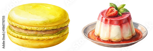 Colorful dessert illustration, macarons and panna cotta, watercolor style, vibrant food art, culinary delight.