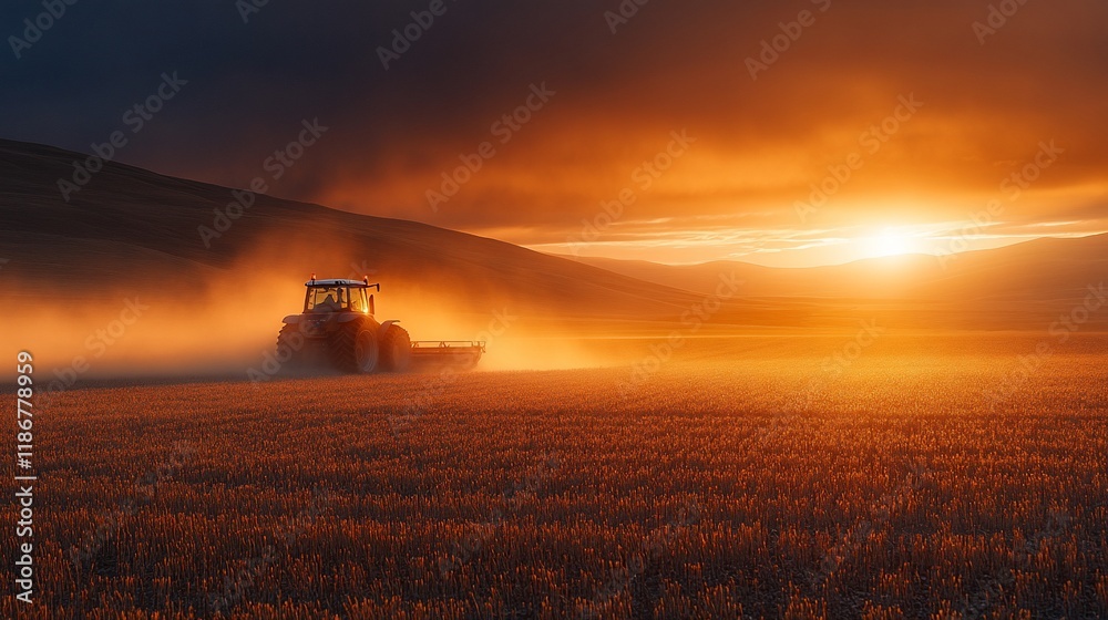 Fototapeta premium Tractor Working Golden Sunset Field Landscape