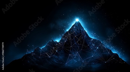 Abstract Visualization of Data Flow Representing Streams of Information Over a Majestic Mountain Landscape in a Mysterious Blue Glow