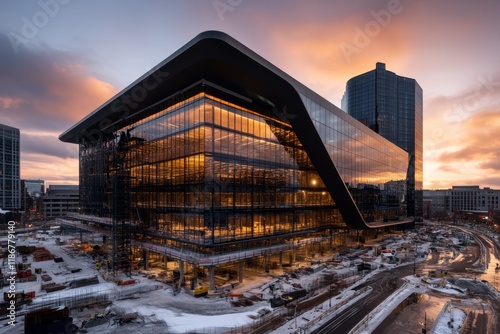 A modern office complex under construction, with glass panes being installed and scaffolding covering the faÃ§ade photo