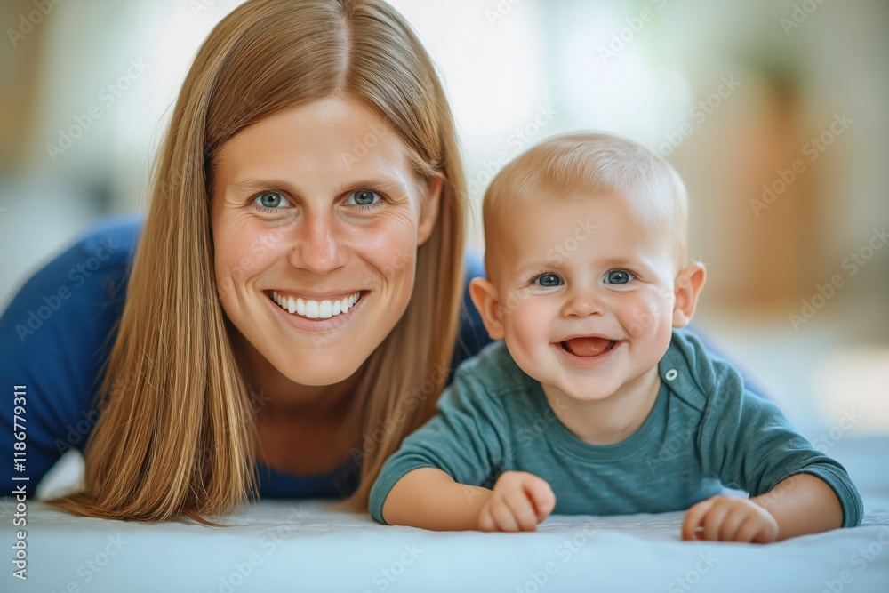 Mother and baby joyfully playing together on a white bed in a bright bedroom filled with soft, natural light Mother and baby joyfully playing together on a white bed in a bright bedroom filled with soft, natural light