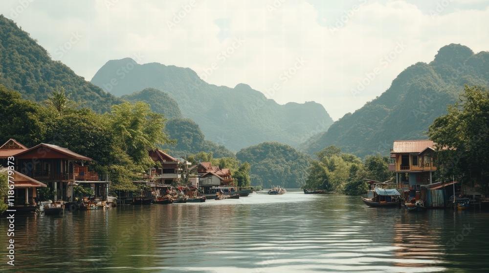 Naklejka premium Gentle Flowing River Serene Valley Scenic Photography Lush Green Environment Aerial View Nature's Tranquility