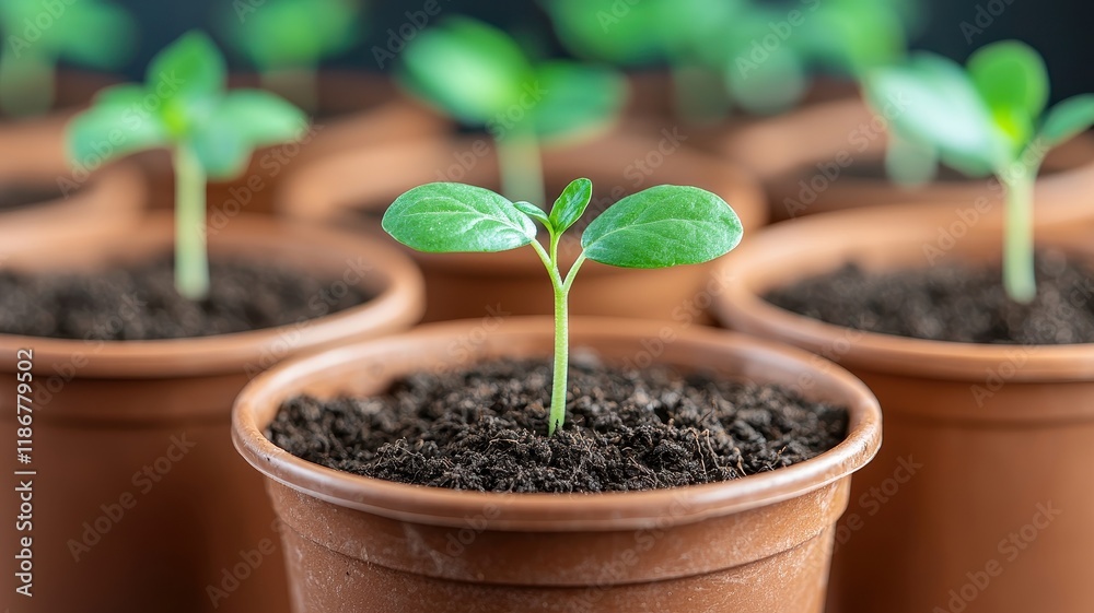 A young plant sprouts from soil in a terracotta pot, surrounded by other pots, symbolizing growth and nurturing.